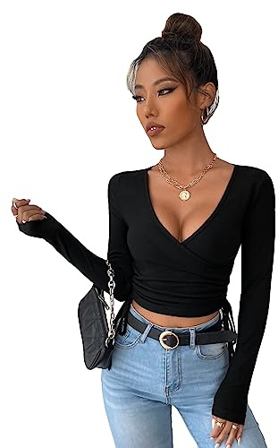 GORGLITTER Women's Ruched Wrap Crop Tops Long Sleeve Deep V Neck Tie Side Sexy Y2K T Shirt Crop Top Black M