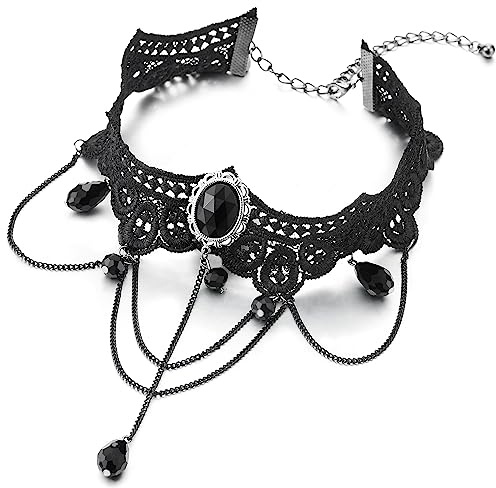 COOLSTEELANDBEYOND Gotisk viktoriansk nostalgisk dam svart choker-halsband med svart tårar pärla berlock, Pärla Sten Plast, Ingen ädelsten