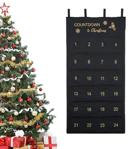Calendrier de l'Avent de Noël en Tissu à Suspendre, Calendrier de Noël, avec 24 Poches, pour Décoration de Noël (Black)