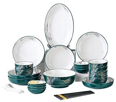 OrLtL Juego de vajilla de cerámica de 36 Piezas, vajilla, Platos, Platos, Juego de Servicio de Cena Combinado de cerámica, Servicio de Porcelana para 8, Juego de Cubiertos de Plumas Verde Oscuro