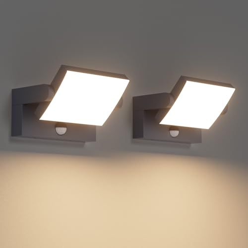 Klighten 2 Pcs Outdoor Wall Light 24W with Motion Sensor Waterproof IP65, Modern Aluminum Outside Lights with Sensor, Swiveling Wall Lamp for Entrance Garden Terrace, Anthracite, Warm White 3000K