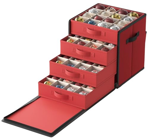 SONGMICS Caja de Almacenamiento para Decoraciones Navideñas, Apertura Lateral, Contenedor Apilable con Tapa, 4 Bandejas Extraíbles, Oxford 600D, 64 Compartimentos de 7,6 cm, Rojo Cereza RFB037R01