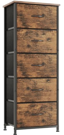Kommode mit 5 Schubladen, Schubladenschrank aus Stoff, Hoch Schmal Kommoden & Sideboard, Aufbewahrungsschrank für Schlafzimmer Wohnzimmer Flur Möbel aus Metallrahmen Holztop, Vintage Rustikales Braun