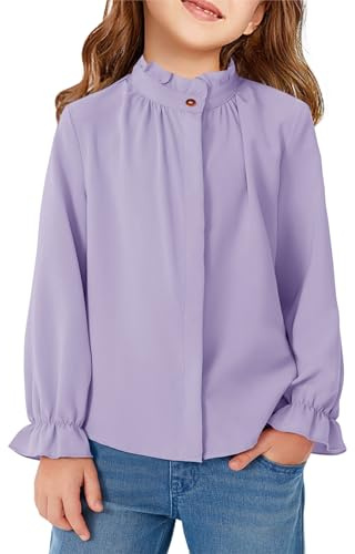 Haloumoning Blusas de manga larga con volantes para niñas, con cuello alto y botones, lindas camisetas con volantes, Morado (, 8-10 años
