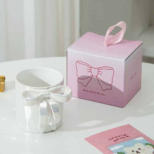 VollfitYYu Niedliche Kaffeetasse mit Schleife Henkel Perlglanz Porzellan Kaffeebecher Frühstückstasse Milchbecher Bürobecher Geschenk für Frau Freundin Mama Kollegin (Weiß-Schleife)