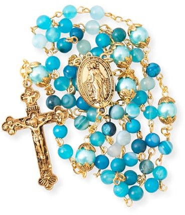 Nazareth Store Katholische Gold Rosenkranz Halskette Matt Stein Perlen Grün 10mm Perle Runde Perlen Wunderbare Medaille & Kreuz (Blau)