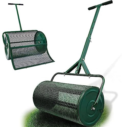 Esparcidor de abono, esparcidor de turba, mango ajustable, para plantar, sembrar, fertilizantes, césped, jardín, rodillo de 24 pulgadas, canasta de remolque para esparcir semillas, aderezo ligero, ma