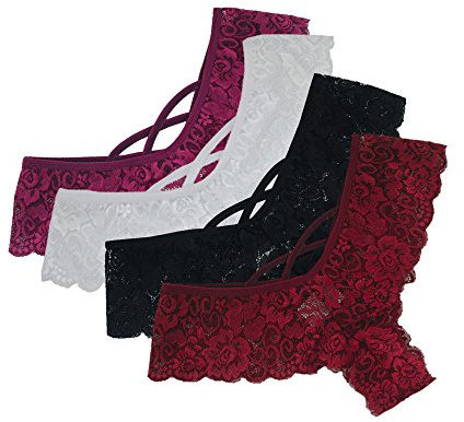 AnnSemo 4 Pack Lace G-String Thongs for Women Floral Sexy Underwear See Through French Knickers Low Waist Seamlless Sheer Panties Lacy Nightwear Cheeky Hipster Bikini Briefs Multipack