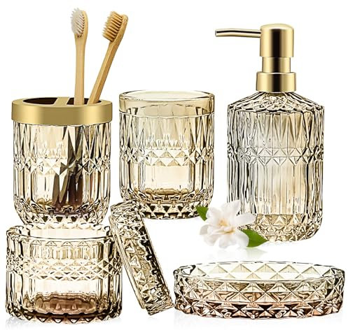 5 Stück Gold Glas Badezimmer Zubehör Set, Glas Badezimmer Accessoires Set von Lotionspender,Seifenschale,Zahnbürstenhalter,Becher,Wattestäbchen Badezimmer Deko Set für Modernes Bad,Vintage Geschenk