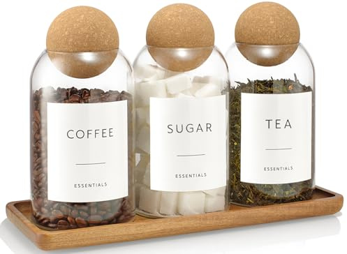 GENSTEUO Coffee Sugar Tea Container Set, 3 Pack Glass Jars with Cork Lids, Apothecary Jars with Tray for Bathroom, Decorative Qtip and Cotton Ball Holder, Cute Display Jars for Coffee Bar (27oz)