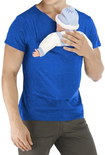 Porte-bébé pour hommes Generisch, à manches courtes, avec encolure en V, T-shirt kangourou, confortable, réglable, avec grandes poches, T-shirt fonctionnel conçu pour le portage de bébé, bleu, XXXL
