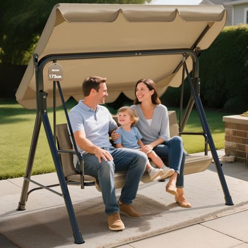 Soontrans Balancelle de jardin 3 places, temps en famille avec légèreté, toit pare-soleil, armature et coussin d'assise rembourré, charge maximale : 200 kg, en acier, 175 x 110 x 152 cm, marron