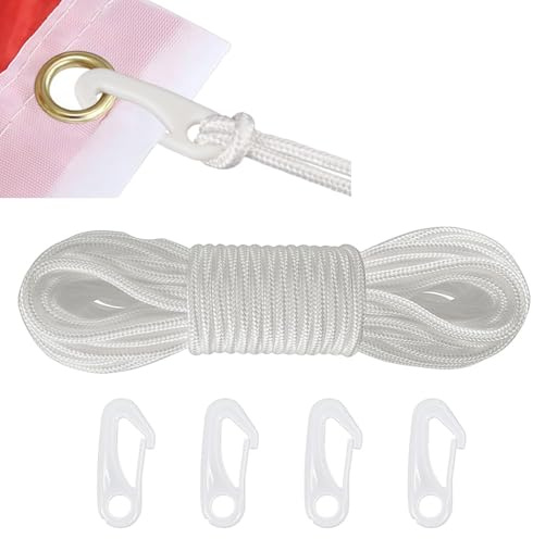 15M Fahnenseil mit 4 Fahnenhaken, Durchmesser 6 mm Fahnenmast Seil, Fahnenseil Fahnenmast Seil, Wetterfest und UV Beständig, für Garten, Heimseil, Zelt, Outdoor, Camping, Wäscheleine, Himmelsvorhang