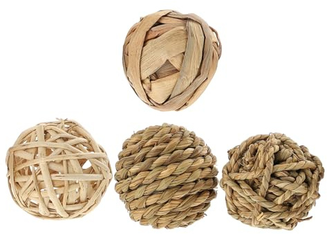 BAZEITFLOW 4 Stück-Pack Kauspielzeug Strohball Gepresster Rattanball für Kleintiere Hamster und Kaninchen Natürlicher Spielball gegen Langeweile Zahnpflege Strohbälle für Nagetiere