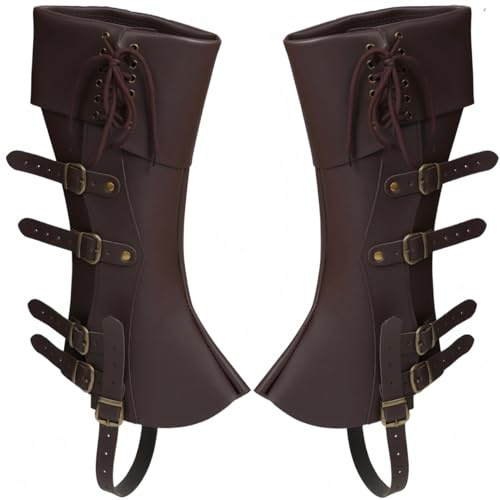 XWXLDD Medieval knight combat boot cover, knee high, with multiple buttons and straps, used for historical reenactment LARP (Brown, one size fits all)
