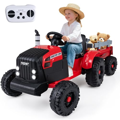 COSTWAY 24V Ride on Tractor with Trailer, Kids Electric Car with Remote Control, 15° Climbing, Music, Wireless, 2 Motors Battery Powered Ride on Cars for 3-8 Years Old (Red)