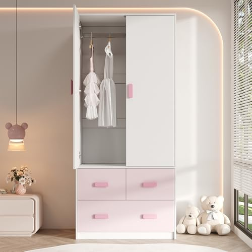 Shye Armadio a 2 ante rosa, con asta appendiabiti e 3 cassetti, bicolore bianco e rosa, guardaroba per bambini, mobili per camera da letto, 80 x 48 x 180 cm
