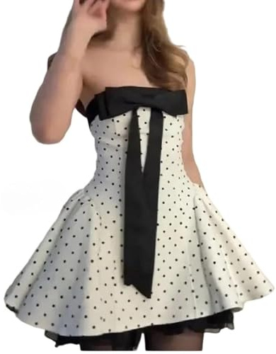 Vestido de Verano Elegante Vintage sin Tirantes con Lunares, Ajustado y sin Espalda para Mujer. Vestido Mini de Fiesta con Lazo y Hombros Descubiertos.