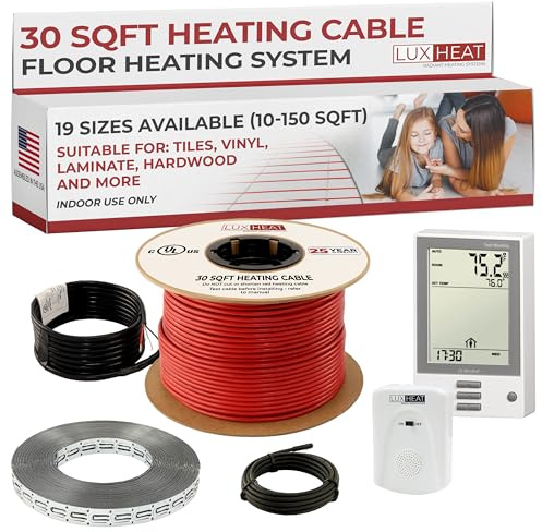 LuxHeat 30sqft Floor Heating Cable Kit - 120v Under Tile Floor Heating System - Heated Flooring System for Vinyl - Includes UDG Programmable Thermostat w/GFCI, Heated Cable, Strapping, Sensor & Alarm