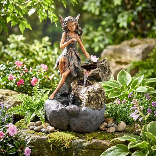 GEEZY Garden Water Feature – Fairy Fountain with LED Lights – Mains Powered, Self-Contained, Indoor & Outdoor – Easy Setup, Relaxing & Cascading – Great for Garden, Home, Patio & Balcony Decor