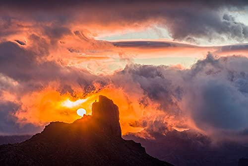 ArtExpert Spain-Canary Islands-Gran Canaria Island-Tejeda-mountain landscape with Roque Bentayga-sunset by Walter Bibikow - 24x16 Art Print Poster