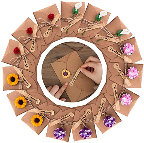 VEGCOO 15 Pz Biglietto Di Auguri Cartolina Buste, Retrò Carta Kraft Fiori Secchi Confezione da Biglietto Auguri Compleanno, Biglietti di Auguri Fatti a Mano DIY,per Diverse Occasioni Benedizione