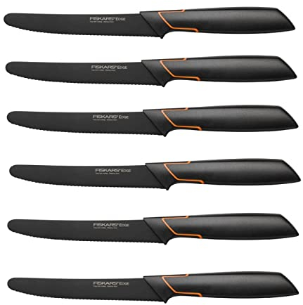 Fiskars 6 Stück Tafelmesser - Tomatenmesser Edge mit Wellenschliff rostfrei - Modernes Design - Schwarz