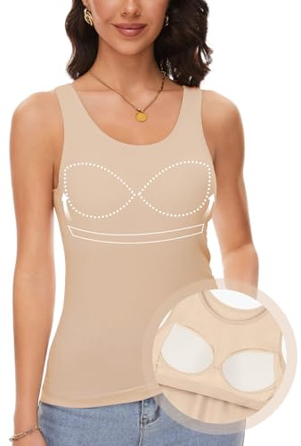 ANYFITTING Tank Top with Built in Bra Cup for Women Casual Wide Strap Sleevless Layer Camisole Yoga Tops Summer Cami S-3XL