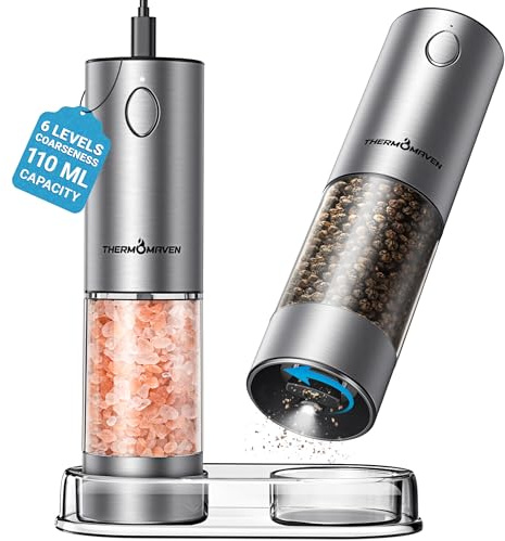 ThermoMaven Upgraded Larger Capacity Electric Salt and Pepper Grinder Set, 110ml Rechargeable Salt and Pepper Shaker with LED Light, Stainless Steel Automatic Pepper Mill with 6 Adjustable Coarseness