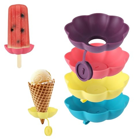 Tinoaly 4pcs Ice Stick Holders, Silicone Ice Pop Holder 4 Colors Reusable Cream Icecream Lolly Drip-Free Sleeves Bags Stand Accessories for Kids Adult Summer and Birthday Party Supplies(Flower Type)