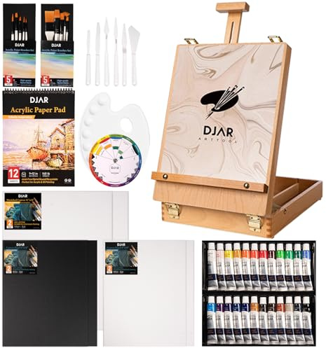 DJAR 49 pcs Acrylic Painting Set, Includes Desktop Easel, Acrylic Paint, Canvas, Sketchbook, Painting Pads, 24 Color Paint Set for Adults, Artists, Beginners