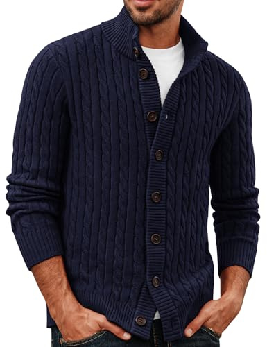 PJ PAUL JONES Mens Knitted Cardigan Button Down Cable Ribbed Stand Collar Warm Sweaters Jacket Navy Blue XL