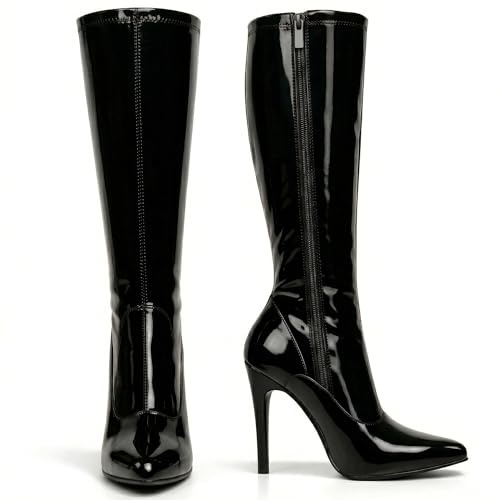 Golden Beads Women’s Knee High Stretch Stiletto Heel Boots Elegant Pointed Toe, Side Zip Sexy Bold Fashion Style Club & Party Wear
