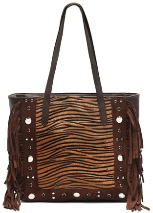 MISAKO Catrinas-1 bolso shopper grande animal print con detalles metálicos y flecos Mujer - Catrinas-1 Marrón 30x13x42cm