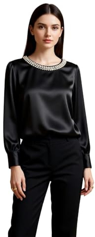 2026 Elegante Blusa de Satén con Cuello Francés de Perlas, Elegante Camiseta de Verano, Negro , L