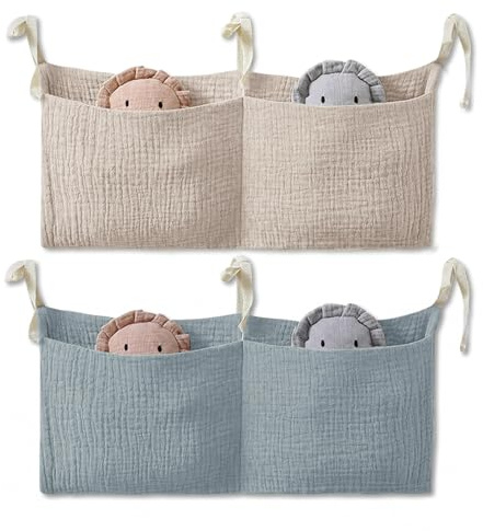 FAYAHAR 2 Pezzi Borsa Appendere per Lettino, Organizer per Cameretta dei Bambini con 2 Tasche, Regolabile Tasche Portaoggetti Letto, 38 x 18 cm, per Riporre Vestiti Pannolini Giocattoli (Stile 1)