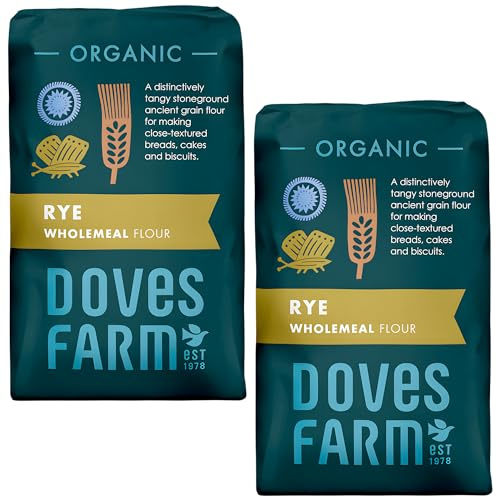 Doves Farm Organic Stoneground Wholemeal Rye Flour 2.2 lb (Pack of 2) - High Fiber Ancient Whole Grain Dark Rye Flour for British Baking Breads, Cakes & Biscuits | Kosher & Vegan | Imported from UK