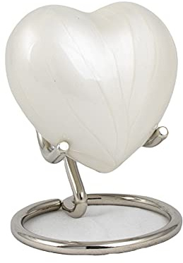 UrnsWithLove Petite urne funéraire en Aluminium en Forme de cœur pour Cendres avec Couvercle amélioré, Mini urne funéraire en Forme de cœur avec boîte et Support (Aluminium Blanc nacré)