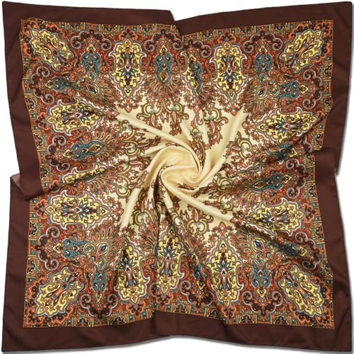 corciova XL Oversized Satin Scarf - 40x40 Inches Square in Zinnwaldite Brown Beige Paisley Print – Women's Fashion Scarf for Hair Wrap, Headband, Shirt Accessory & Bandana