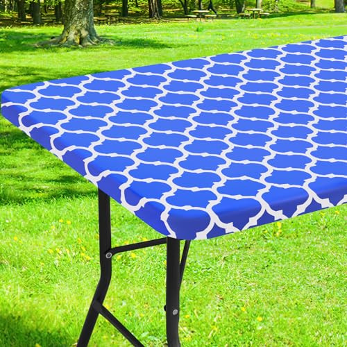 Smiry Rectangle Picnic Table Cover, Waterproof Elastic Fitted Camping Tablecloths for 6 Foot Tables, Wipeable Flannel Backed Vinyl Tablecloth Protector for Indoor, Outdoor (Blue, 30x72 Inches)
