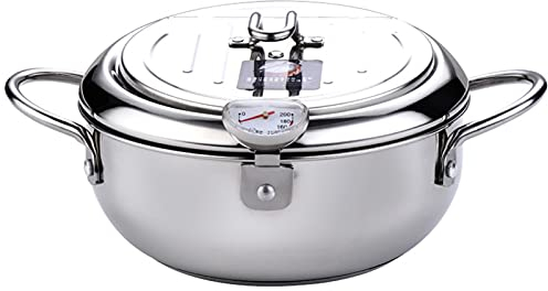 Deep Fryer, 304 Stainless Steel with Temperature Control and Lid Japanese Style Tempura Fryer Pan Chicken French, Dried Fish (L 24cm/9.45in)