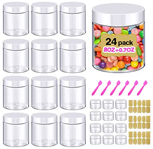 8oz 250ml Slime Containers with Lids Plastic Jars + 20g Sample Containers (Set of 24) for Dry Food, Peanut Butter, Cream, Sugar Scrub
