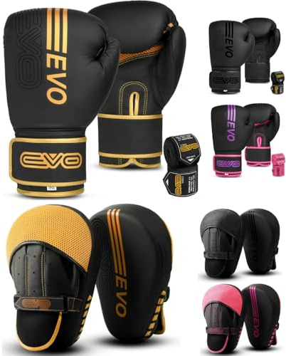 EVO Fitness Matte Black Boxing Gloves and Pads Set Punching Focus Mitts Hook and Jab Hand Target Strike Shield Training Sparring MMA Martial Arts Muay Thai Kickboxing Karate Men Women (16 OZ, Golden)