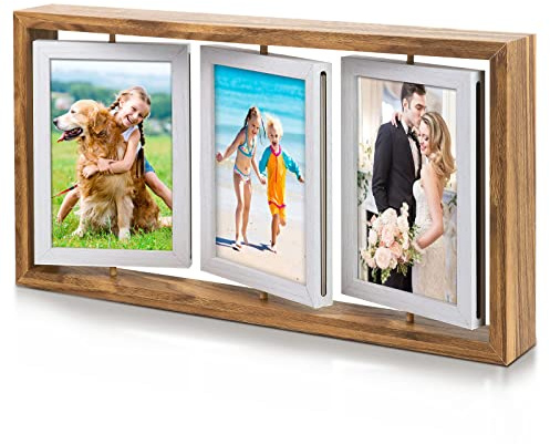 ZEEYUAN 4x6 Rotating Picture Frame Desktop Rustic 4x6in Wooden Photo Frames, Double Side-Display 6 Photos, Floating 4x6 Collage Family PictureFrame for Tabletop Display