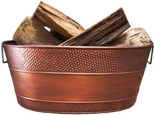 BREKX Copper Galvanized 25-Quart Tub for Firewood Storage Rack Log Holder - Heavy-Duty Portable Tub with Handles for Indoor/Outdoors