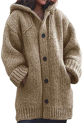 L9WEI Invierno Engrosada Chaqueta de Punto Mujer Casual Cálida Chaqueta con Capucha Abrigo de Invierno Largo Medio Abrigo de Entretiempo Color Sólido, caqui, XXL