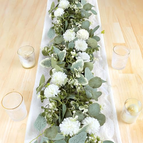 UXORSN 2PCS/13FT Silk Hydrangea Artificial Eucalyptus Flower Garland Faux Greenery Vine Gypsophila Butterfly Leaves Ivy Hanging Plants Fake Floral Garland for Home Wedding Table Decoration