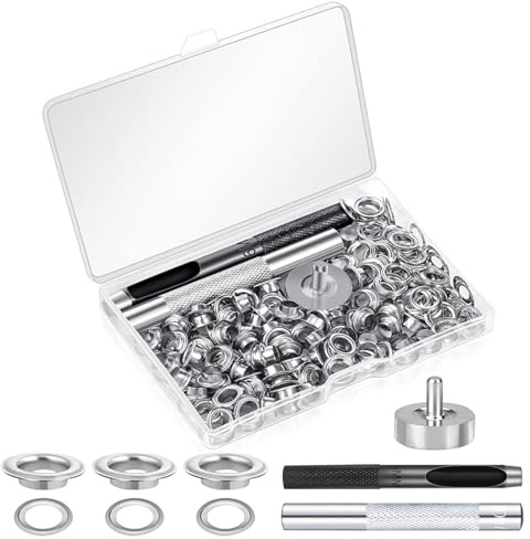 AWAVM 120PCS Ensembles Oeillets 14mm Oeillets en Métal Grommet Kit avec 3 Outils d'Installation et Boîte de Rangement pour DIY Couture Chaussures Ceintures Sacs à Dos Vêtements Tentes