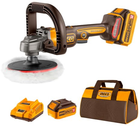 INGCO Ponceuse-polisseuse Sans Fil 20V, Moteur Sans Balais, Plateau 180mm 400-2500 tr/min avec 1 Batterie 4,0 Ah et 1 Chargeur, Pour Le Polissage et Le Cirage de Voitures, Meubles APLI20181