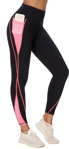 Flatik Leggings deportivos para mujer con bolsillos, mallas opacas para mujer, pantalones de chándal para mujer, pantalones de fitness para correr, negro / rosa, M
